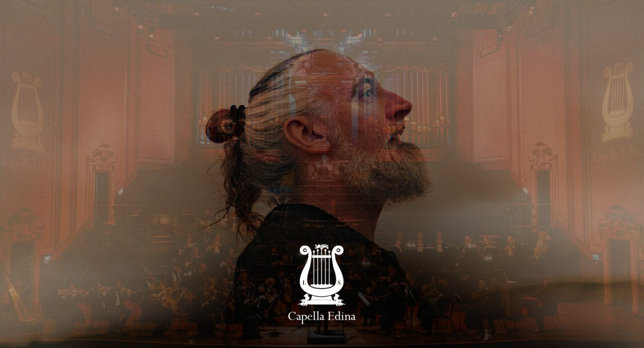 Poster image for Live with Orchestra FINK, with a man's head silhouetted against an orchestra on a stage.