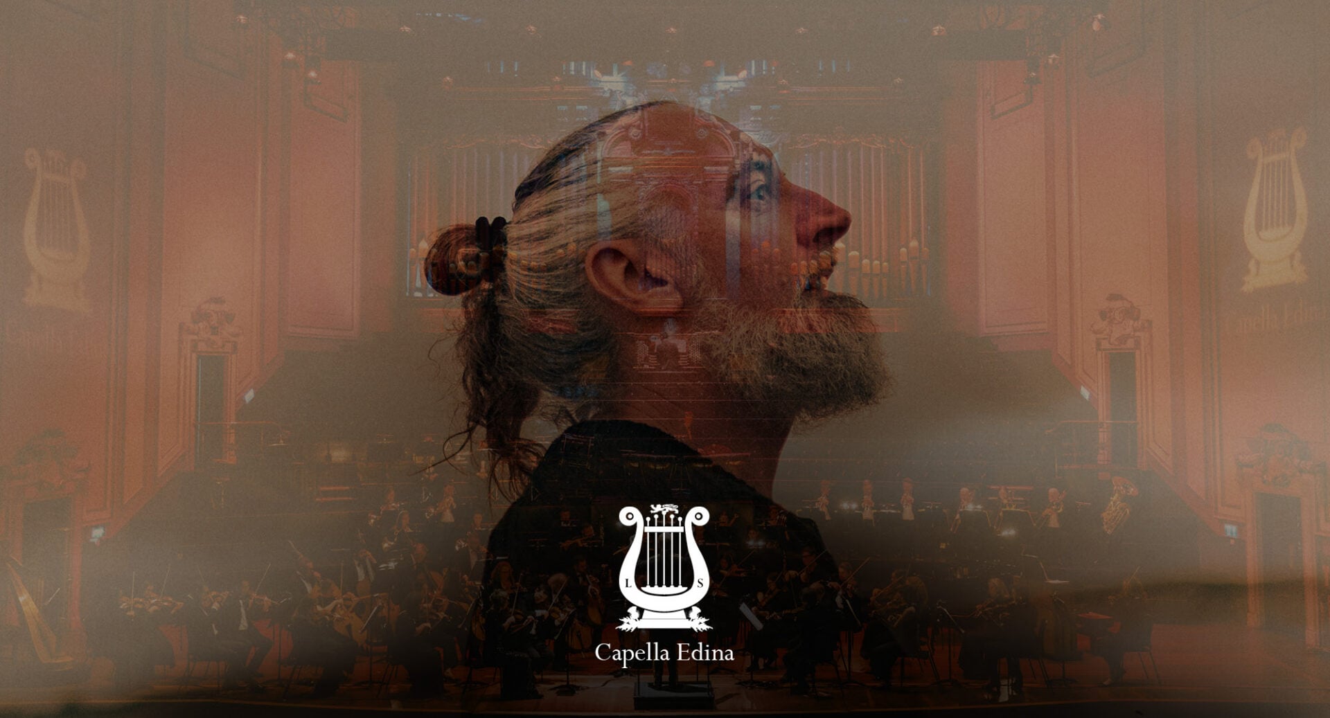 Poster image for Live with Orchestra FINK, with a man's head silhouetted against an orchestra on a stage.