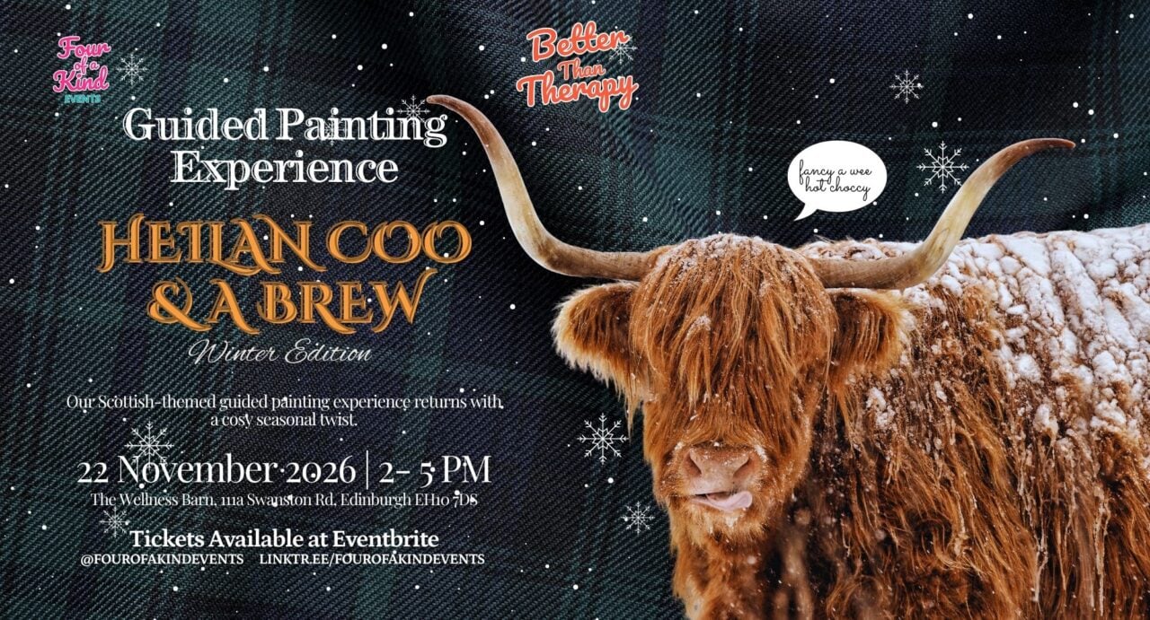 Poster image for Guided Painting Experience - 'Heilan Coo and a Brew', featuring a long-haired cow with large horns.