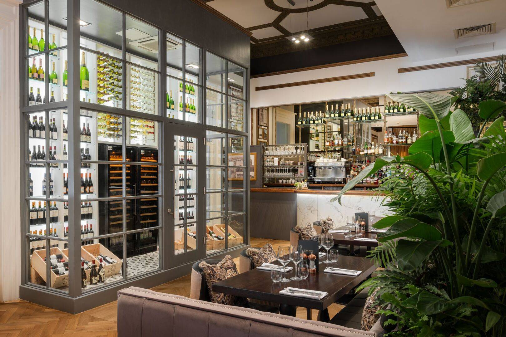 Wine display and fridge within Twenty restaurant