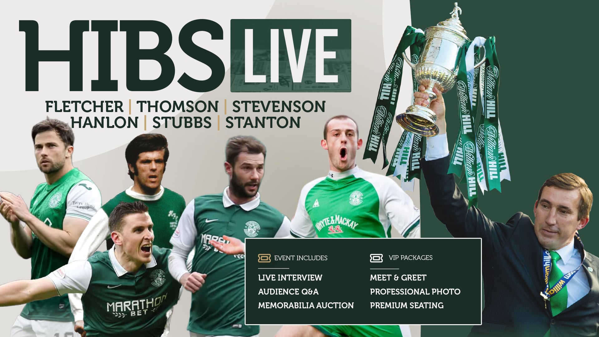 Poster image for Hibernian Legends, featuring 5 men in green and white football strips.