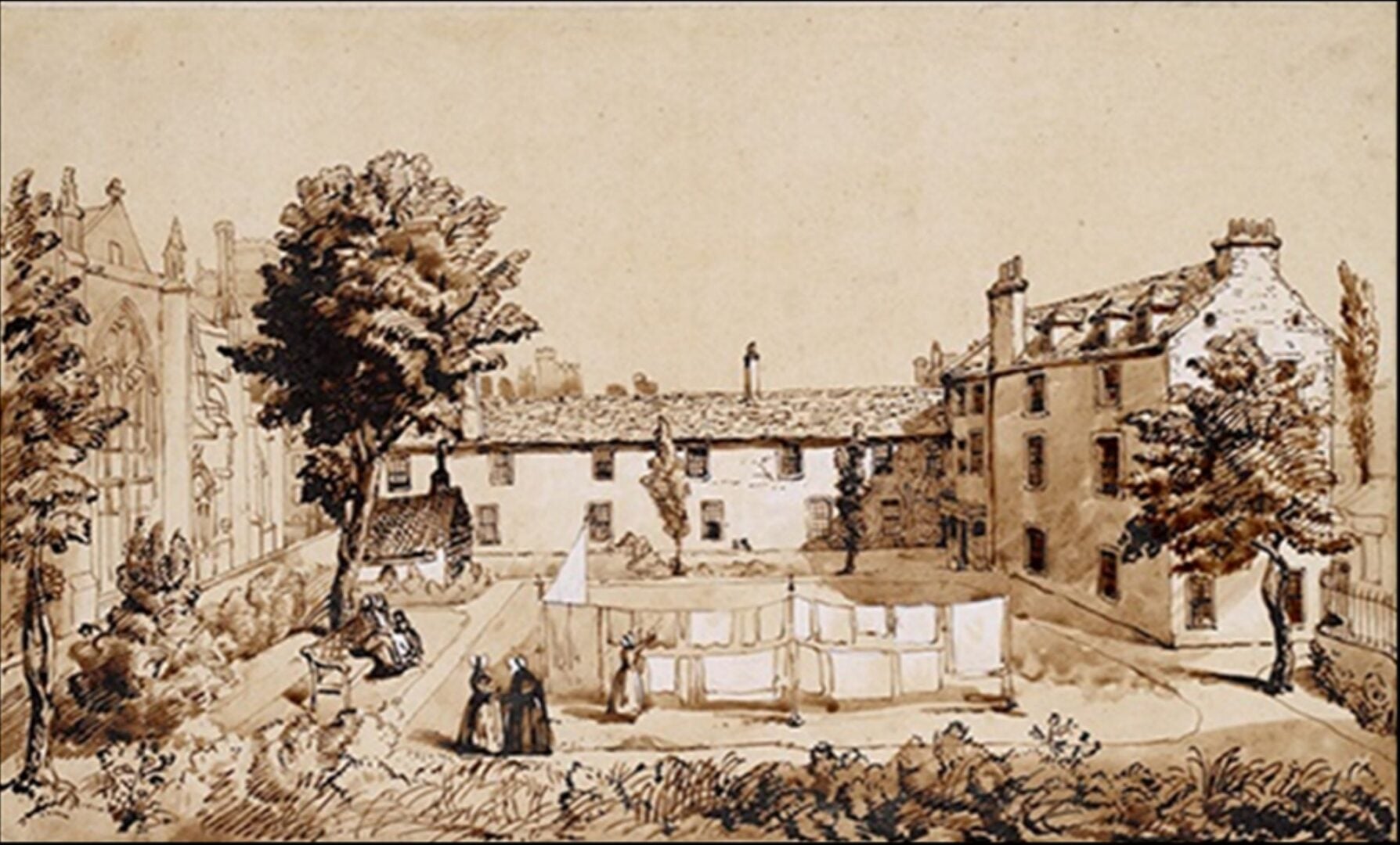 Sepia drawing of an old cluster of buildings, with a washing line in the centre.