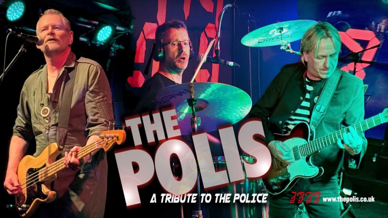 Poster image of The Polis: a tribute to The Police, featuring 2 guitarists and a drummer.