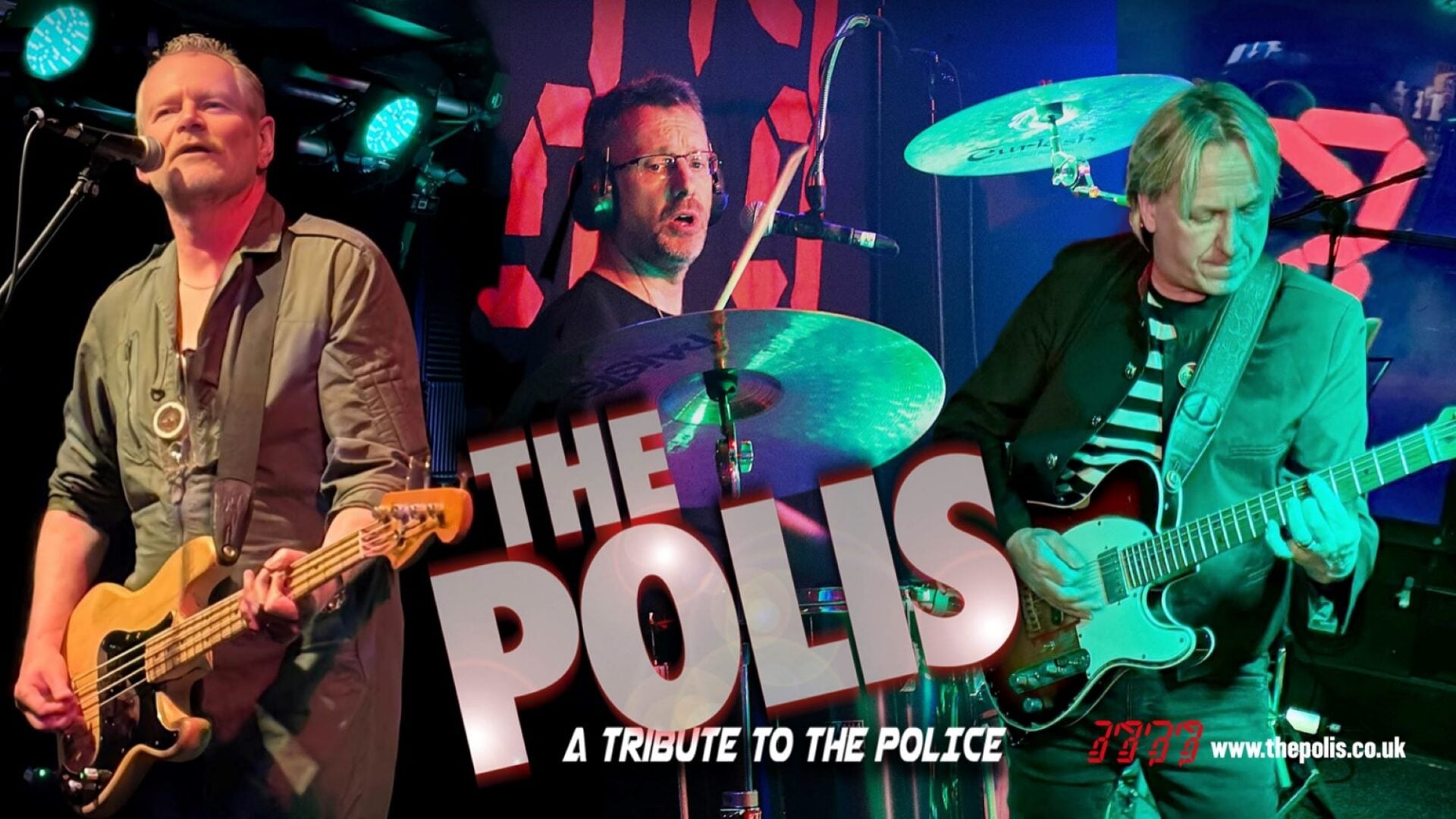 Poster image of The Polis: a tribute to The Police, featuring 2 guitarists and a drummer.